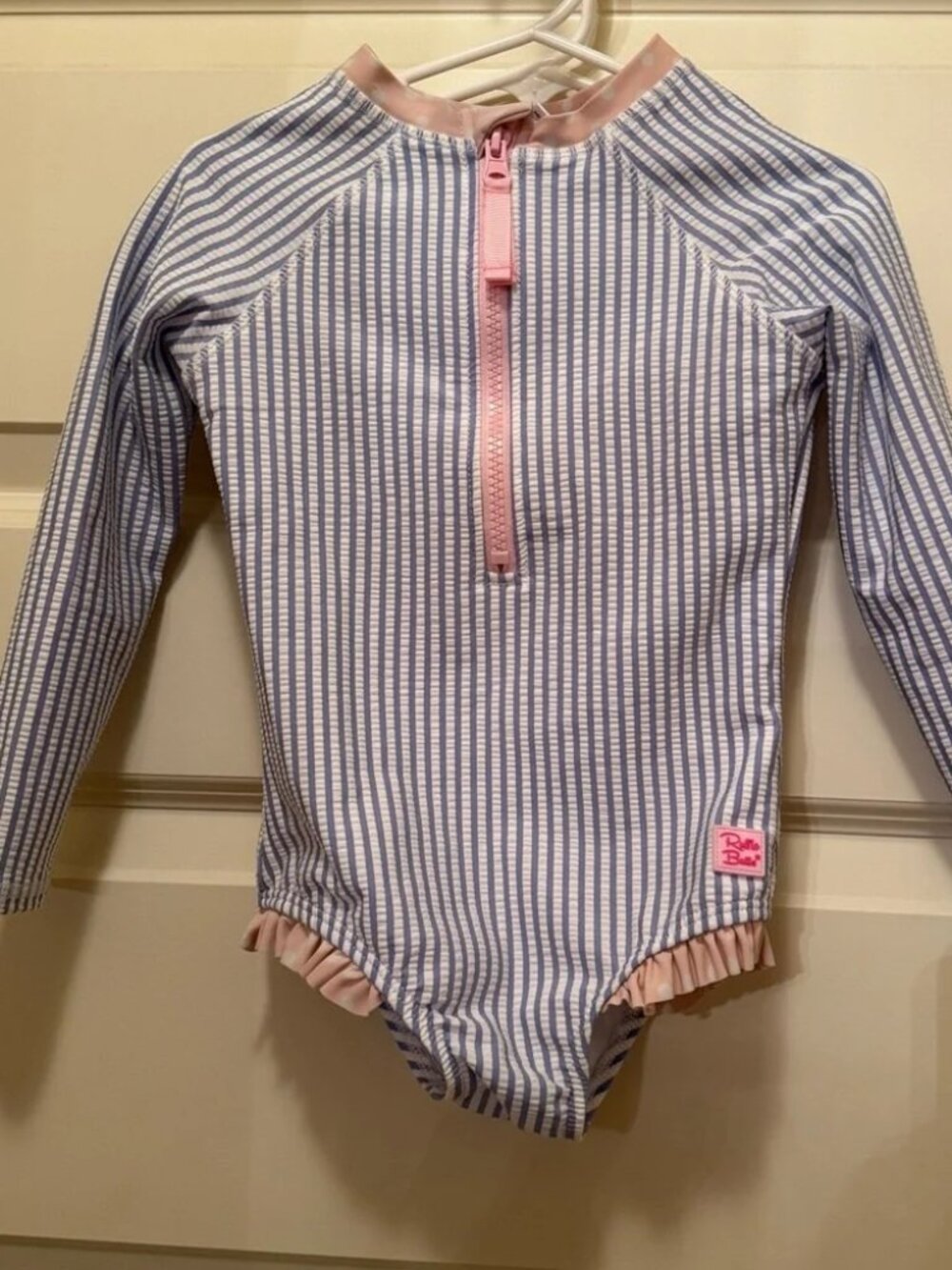 Ruffle Butts Blue and White Striped Long Sleeve Swimsuit